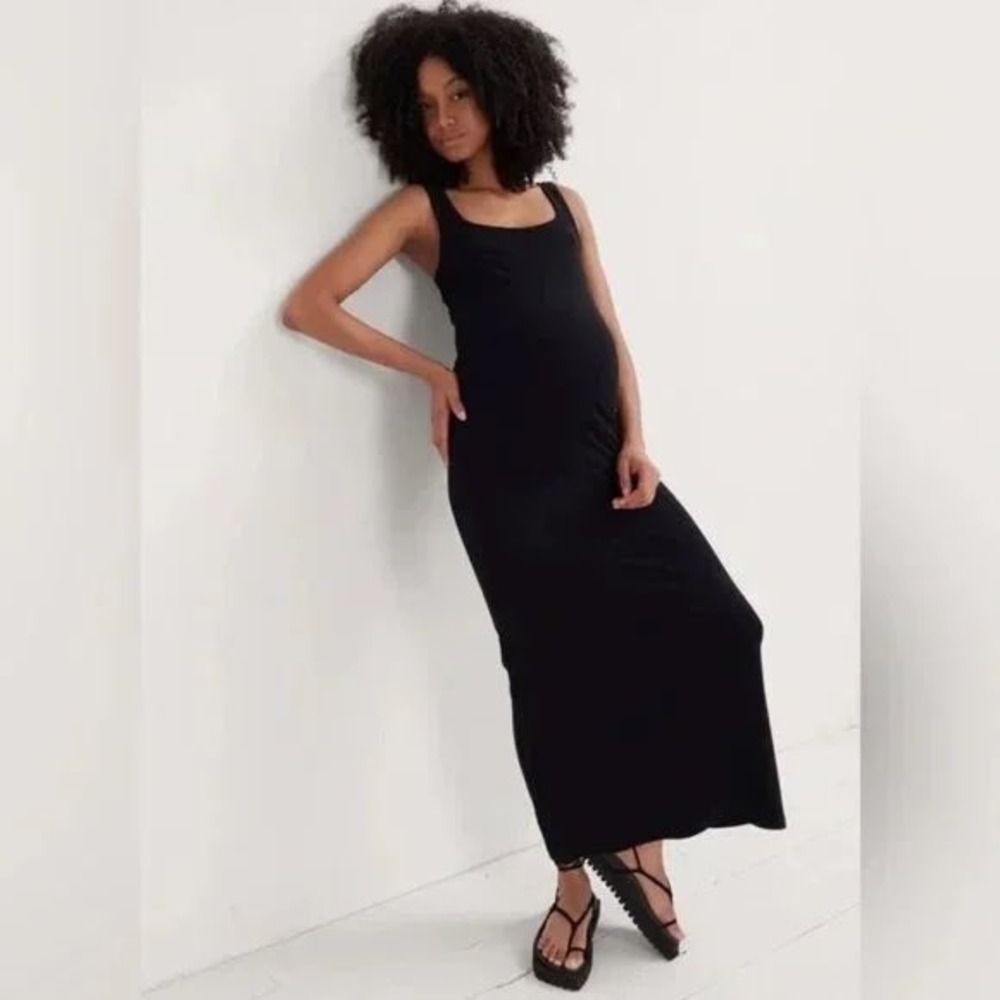 Hatch The‎ Long Body Tank Dress Black Ribbed Knit Scoop Neck Maternity Maxi 3